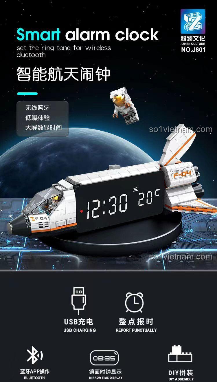 Các chức năng chính của bộ lắp ráp Jizhen Culture J601: sạc USB, báo thức đúng giờ, điều khiển qua app.