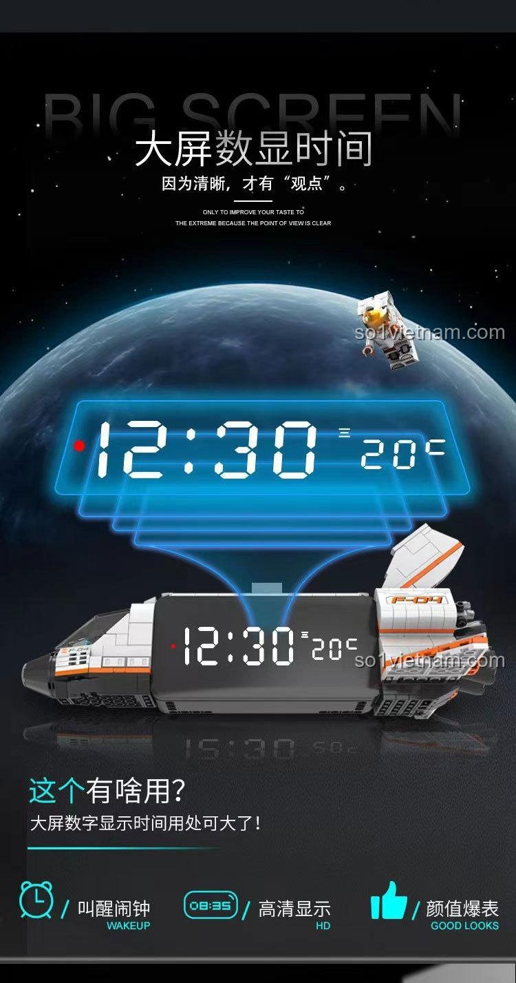 Mô hình Tàu vũ trụ J601 với màn hình LED lớn hiển thị giờ và nhiệt độ rõ nét, một món đồ chơi lắp ráp giá rẻ.