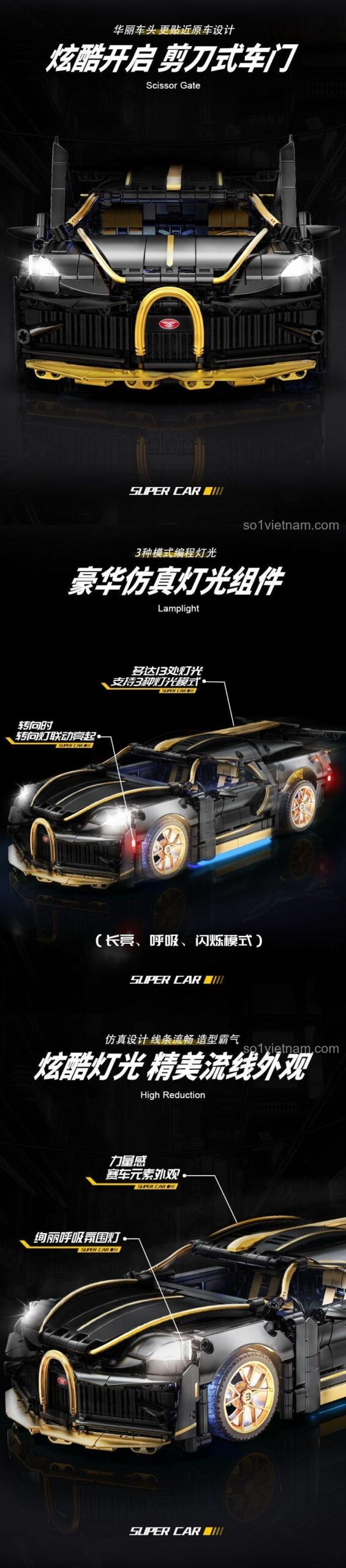 Jizuan J2020 Bugatti Divo với cửa cắt kéo mở được, đèn LED sang trọng, đồ chơi lắp ráp siêu xe cho bé trai 8 tuổi, chất lượng tốt