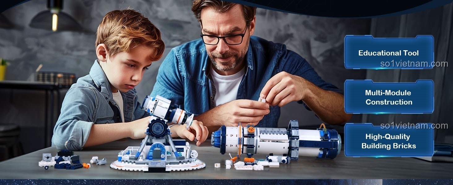 Kính Thiên Văn Khám Phá Vũ Trụ JMBricklayer 0009, hình ảnh bố và bé trai 8 tuổi đang lắp ráp, nhấn mạnh công cụ giáo dục, chất lượng cao, giá hời