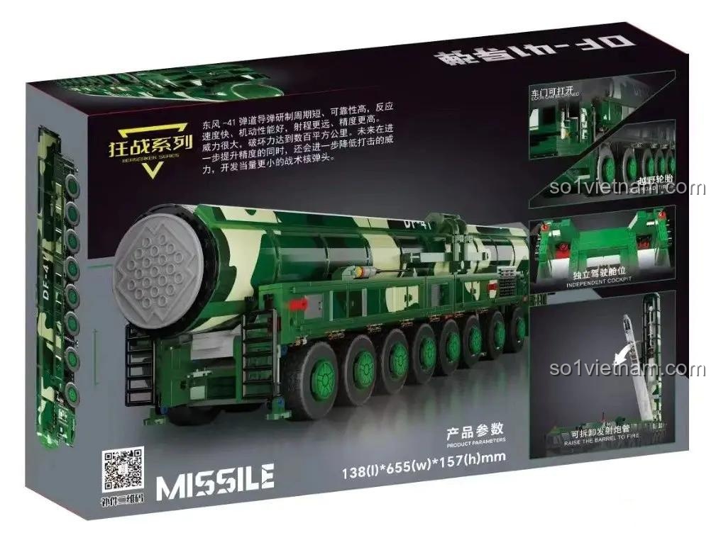 đồ chơi mô hình K-Box 10306 Tên lửa đạn đạo Đông Phong-41, ống phóng tên lửa có thể nâng hạ, cho bé trai 8 tuổi