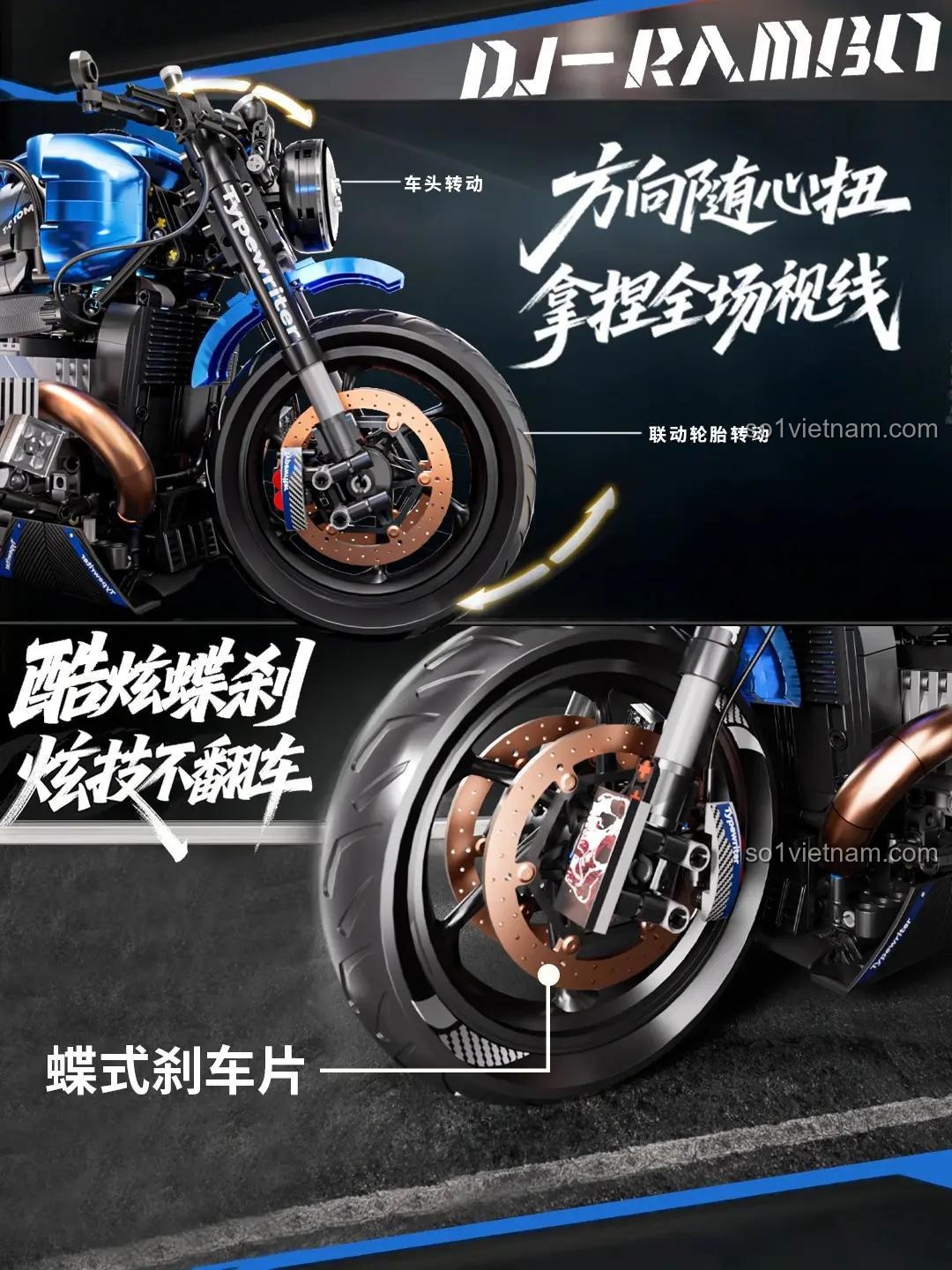 Chi tiết hệ thống lái và phanh đĩa của bộ lắp ghép K-Box 10546 Xe máy Cafe Racer, thể hiện sự tinh xảo của mô hình.