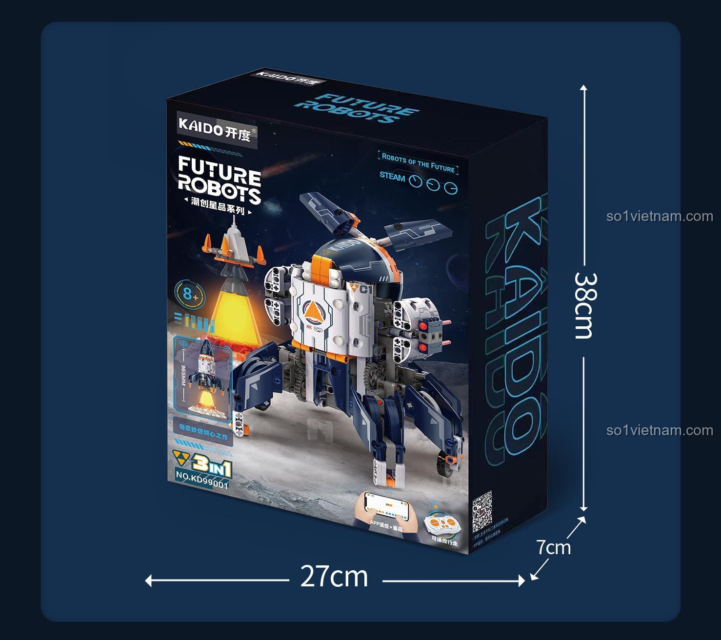 Kích thước hộp bộ lắp ghép Kaido KD99001 (38x27x7cm), đồ chơi mô hình cho bé trai 8 tuổi, giá tốt.