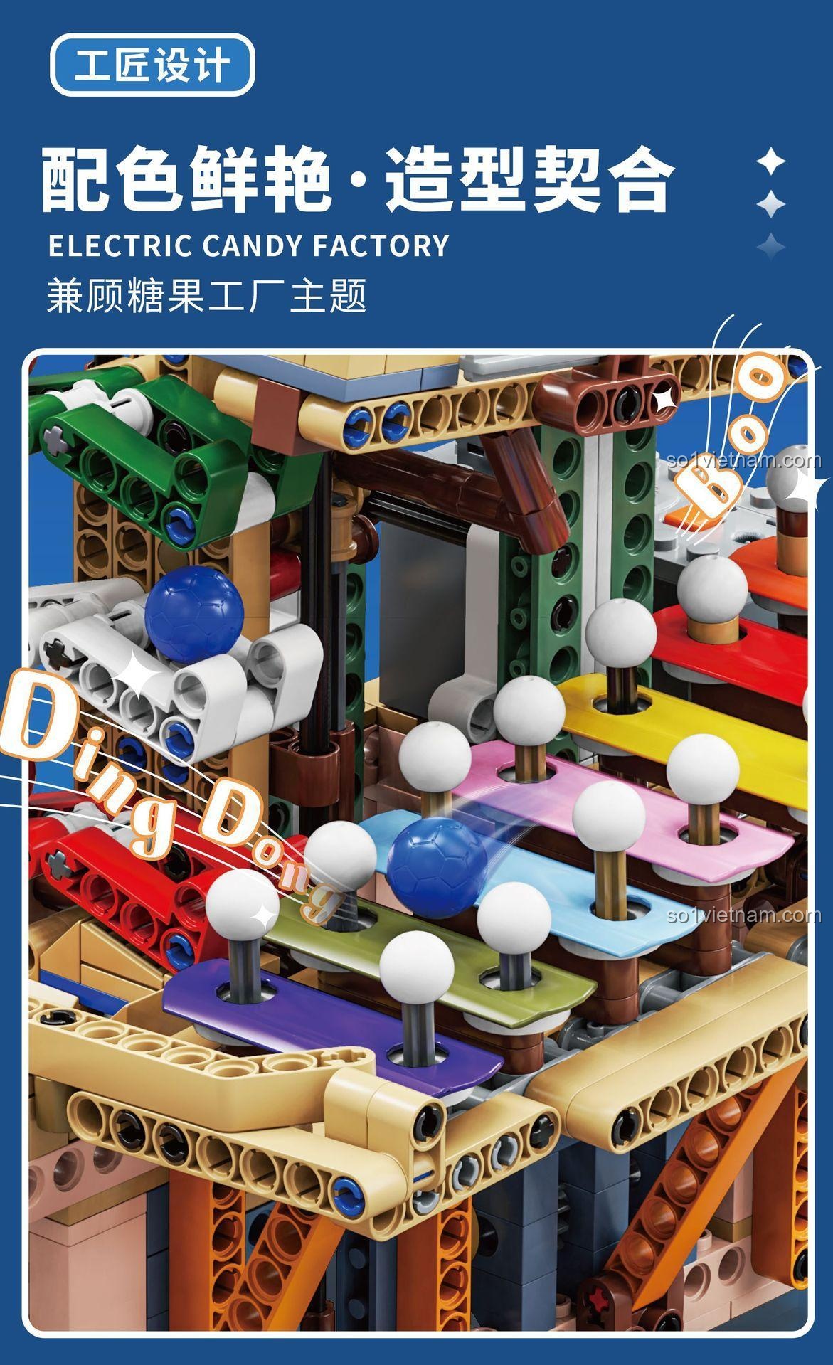 Bộ lắp ghép Kaido KD99003 Nhà Máy Kẹo Đầy Màu Sắc, chi tiết các thanh màu sắc tạo âm thanh 'Ding Dong' khi kẹo lăn qua, đồ chơi sáng tạo cho bé trai bé gái 8 tuổi.