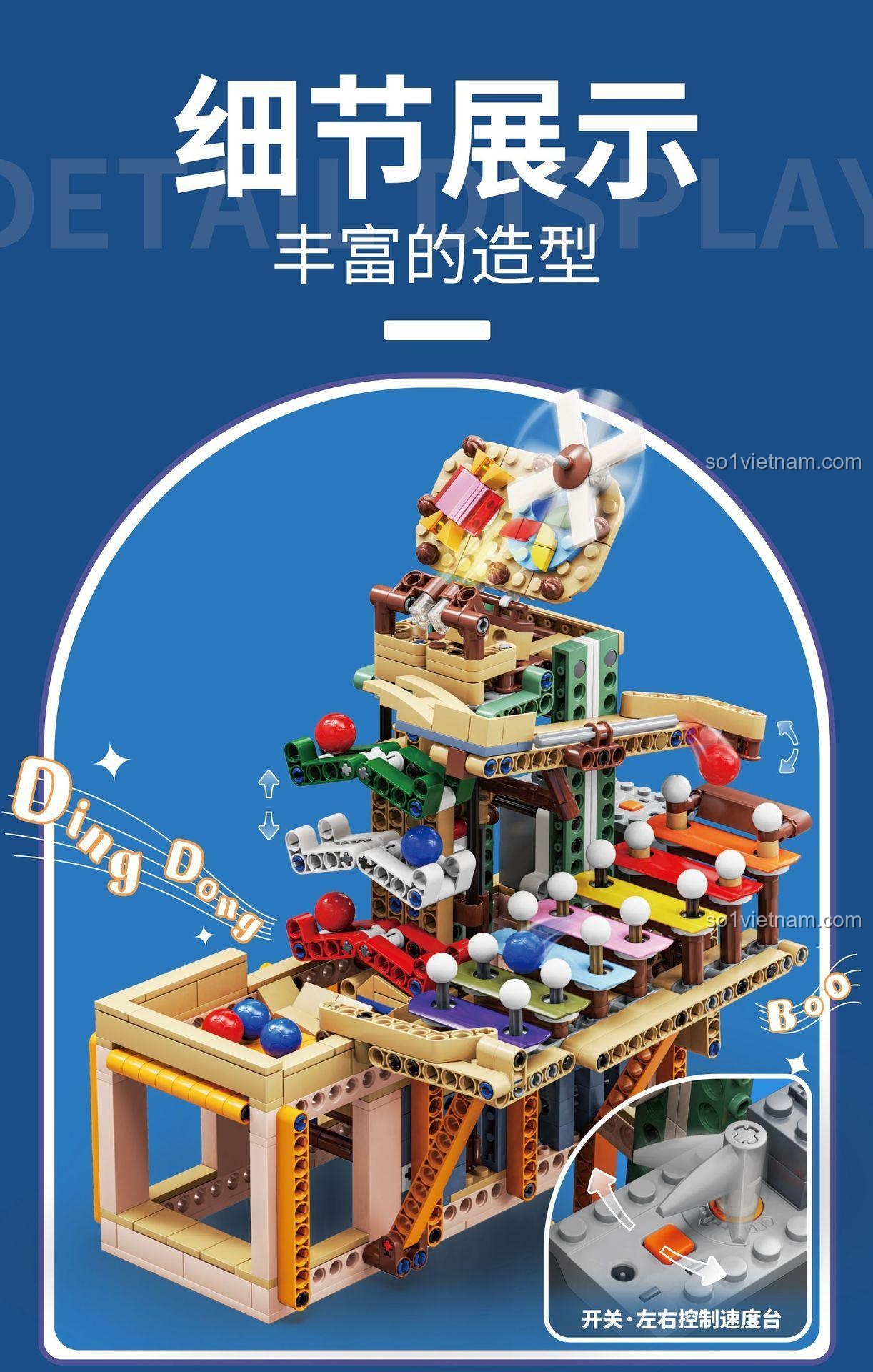 Đồ chơi lắp ráp Cỗ Máy Kẹo Tự Động 99003 Kaido, hiển thị cơ chế vận chuyển kẹo và công tắc điều khiển tốc độ, phát triển tư duy hệ thống cho bé 8 tuổi.