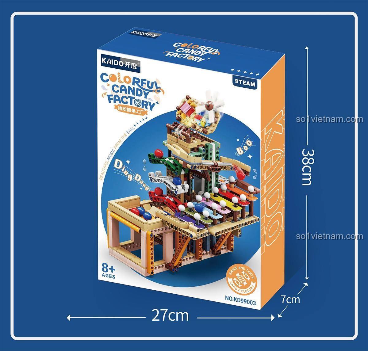Kích thước hộp đồ chơi sáng tạo Nhà Máy Kẹo Đầy Màu Sắc Kaido KD99003: 27 x 38 x 7 cm, thông tin hữu ích cho việc vận chuyển và lưu trữ, giá tiết kiệm.