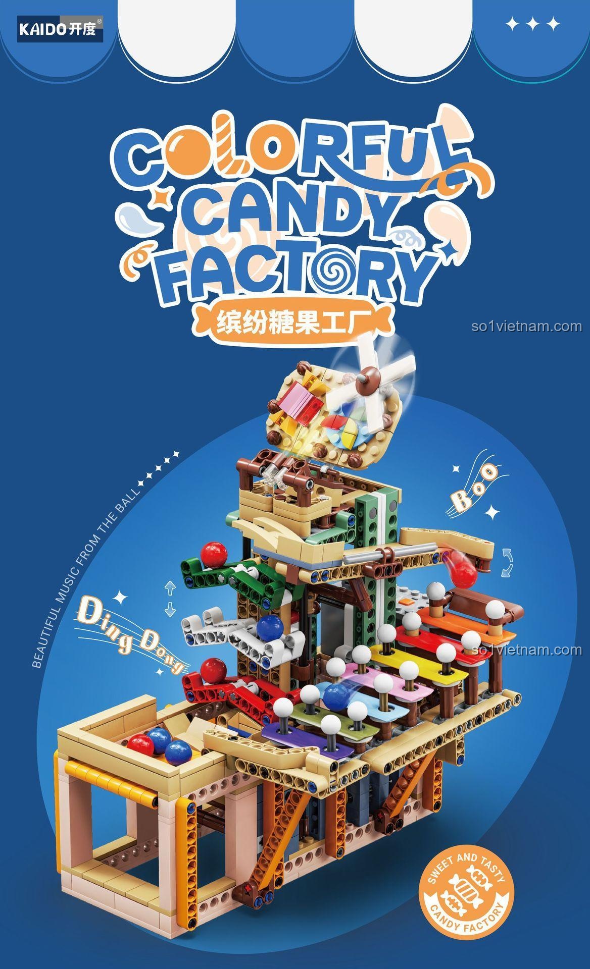 STEM toy KD99003 Nhà Máy Kẹo Đầy Màu Sắc Kaido, mô tả tính năng cơ chế lăn bi và âm thanh 'Ding Dong', đồ chơi phát triển trí tuệ cho bé 8 tuổi.