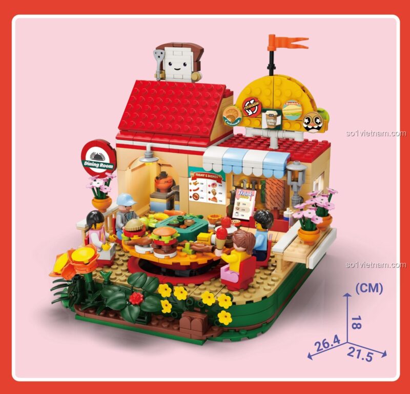 Kích thước mô hình Nhà Hàng Xoay Vườn Hoa Kaido KD99004, bộ lắp ghép 99004 thể hiện kích thước thực tế, chất lượng cao