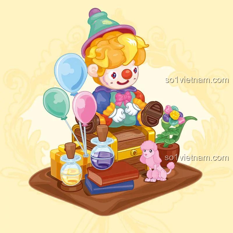 Bộ lắp ghép Chú Hề Cổ Tích Kaido KD99026, nhân vật cổ tích đáng yêu với bóng bay và chó hồng cho bé gái 8 tuổi.