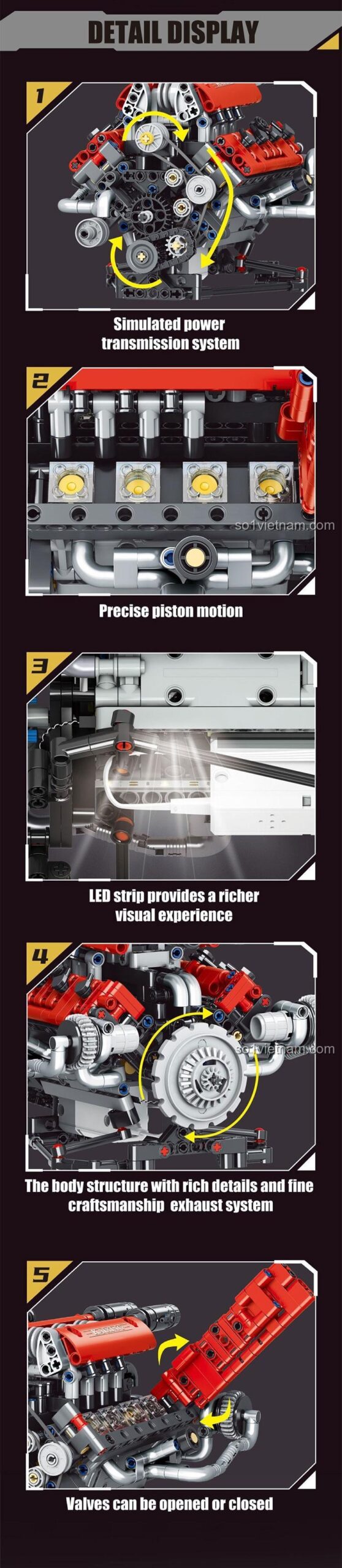 Mô hình động cơ V8 KAIXING K96203, chi tiết hệ thống truyền động mô phỏng và piston chuyển động chính xác, đồ chơi kỹ thuật đỉnh cao