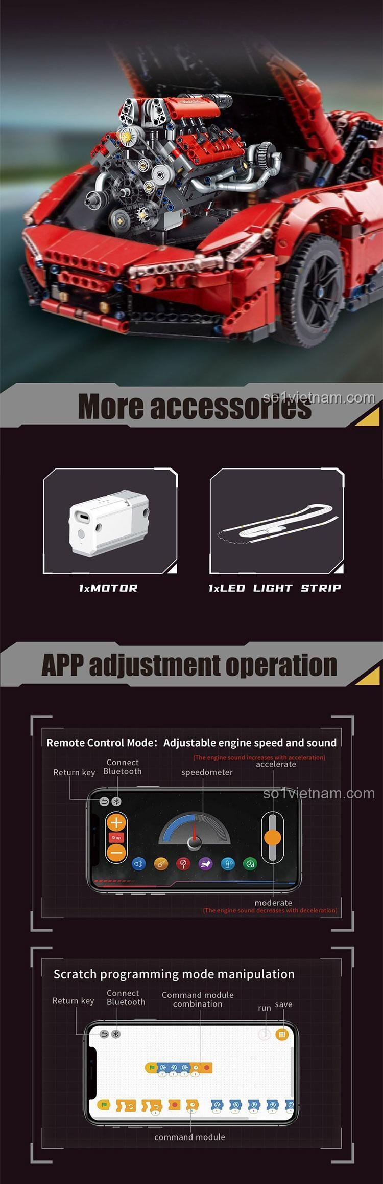 Bộ lắp ráp Động cơ Ferrari V8 K96203, có đèn LED và van có thể mở đóng, đồ chơi mô hình động cơ xe hơi V8 cho con trai 14 tuổi