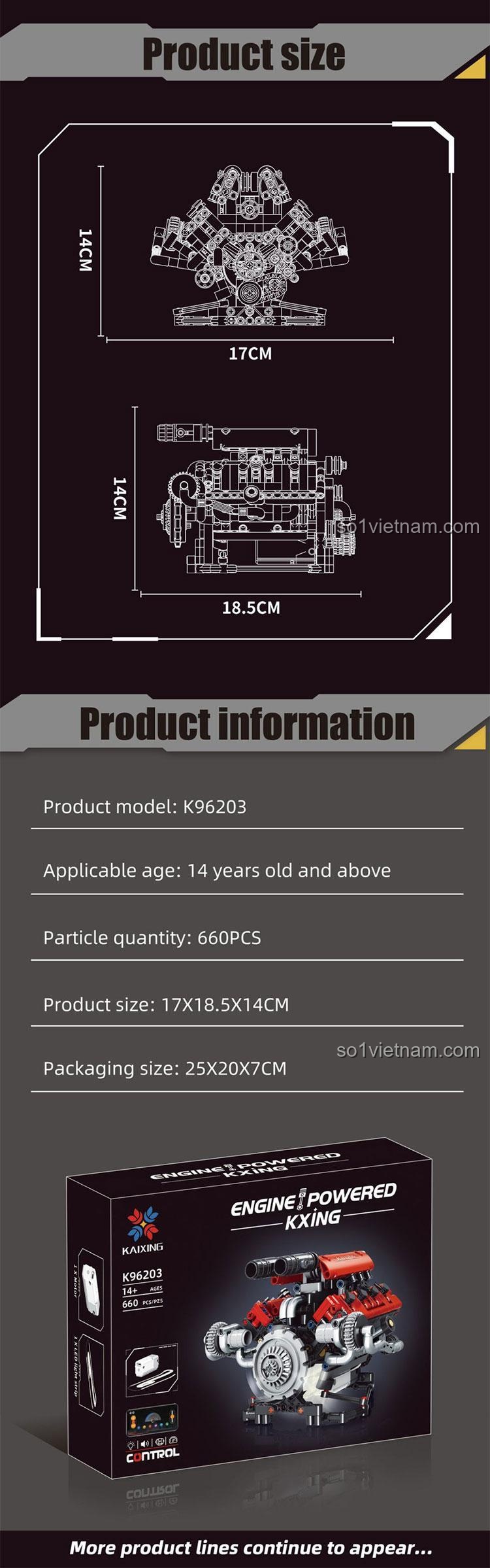 Đồ chơi mô hình KAIXING K96203 Động cơ Ferrari V8, đi kèm motor và dải đèn LED, có thể điều khiển từ xa và lập trình qua APP điện thoại