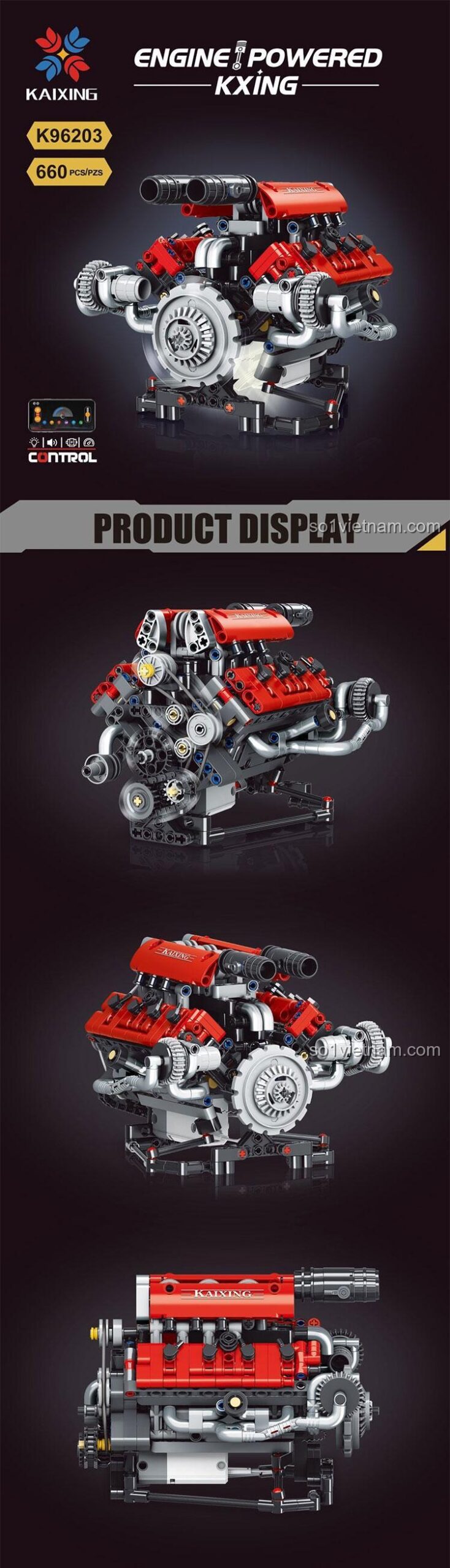 Đồ chơi mô hình Động cơ Ferrari V8 KAIXING K96203, mô hình động cơ V8 lắp ráp với 660 chi tiết, có điều khiển từ xa, cho con trai 14 tuổi