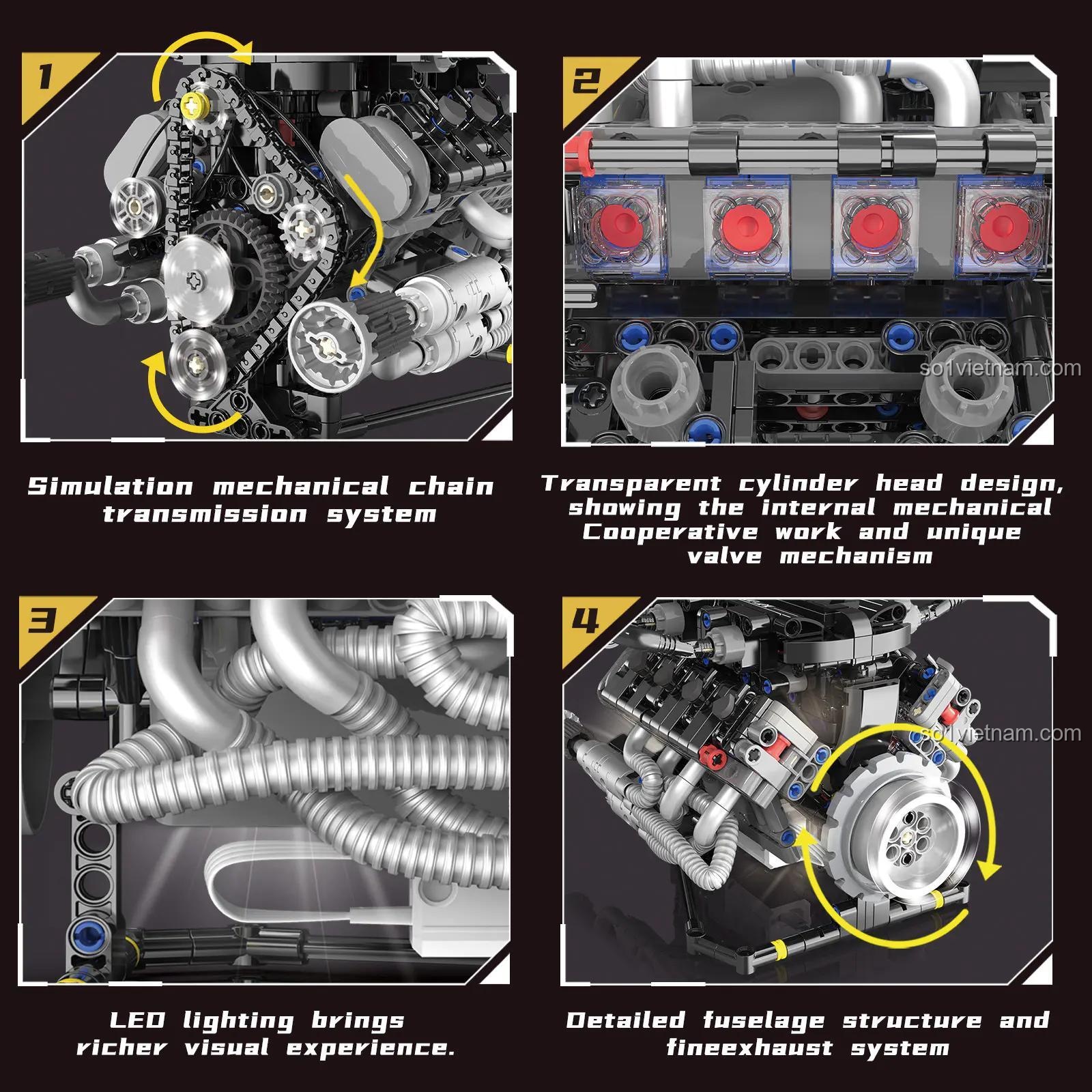 Chi tiết hệ thống truyền động cơ khí mô phỏng của bộ lắp ghép KAIXING K96206 Động cơ V8 Lamborghini, chất lượng vượt trội