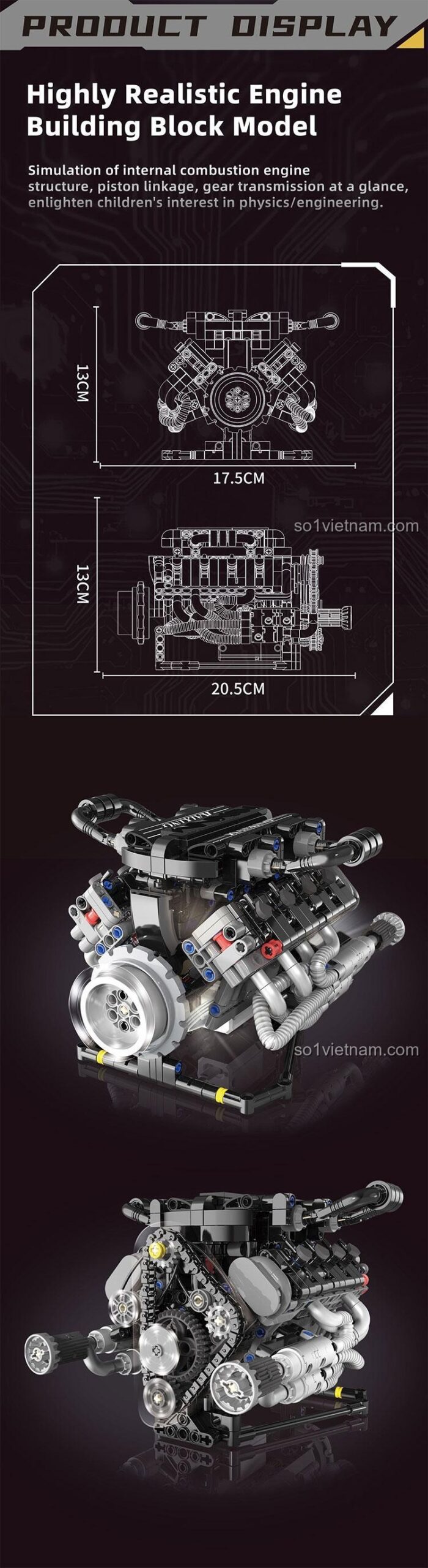 Kích thước mô hình Động cơ V8 KAIXING K96206, đồ chơi giáo dục cho con trai 14 tuổi, chất lượng cao