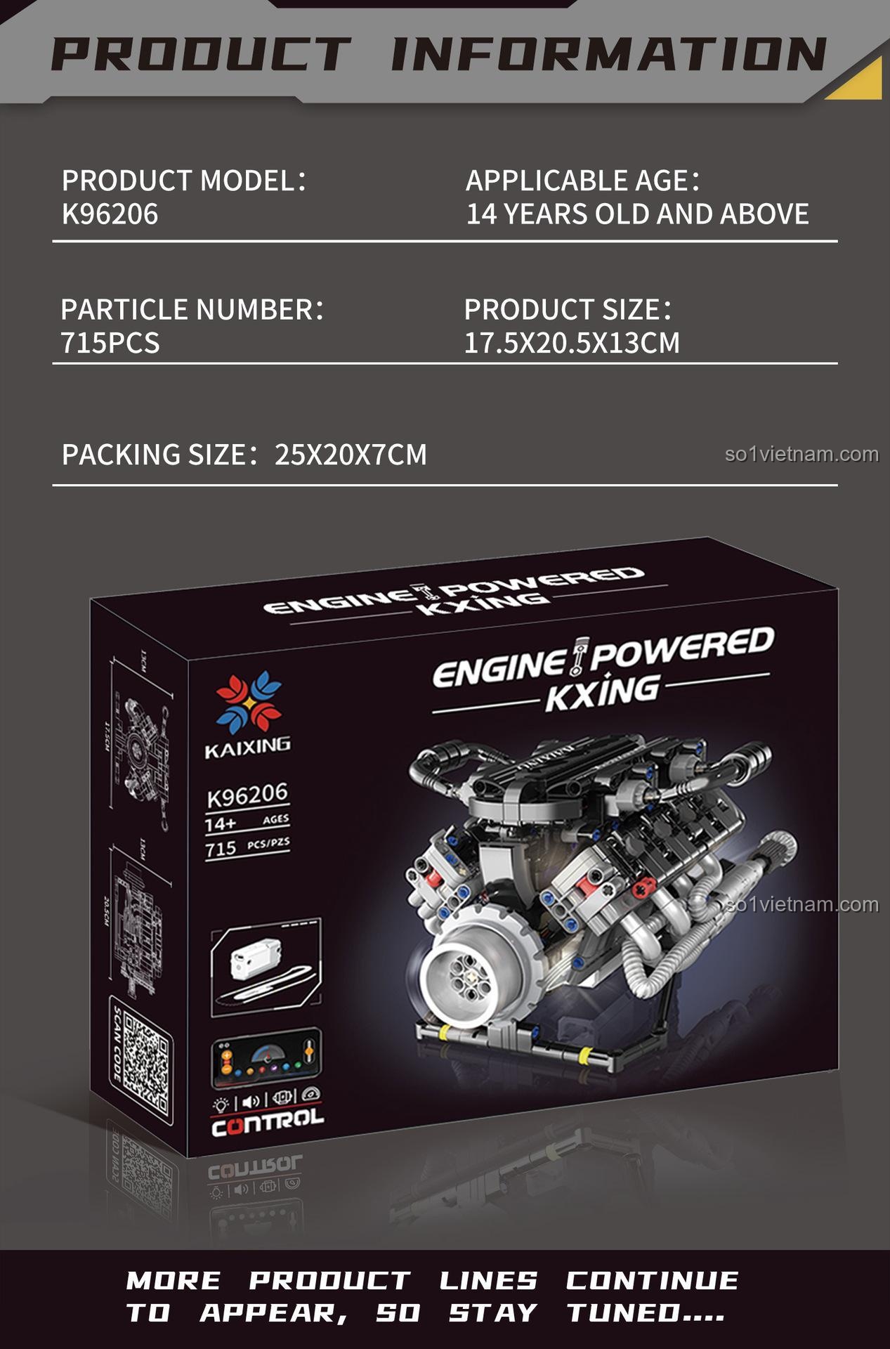 Phụ kiện và điều khiển APP của đồ chơi phát triển trí tuệ KAIXING K96206 Động cơ V8, đồ chơi STEM cho bé trai, giá tốt