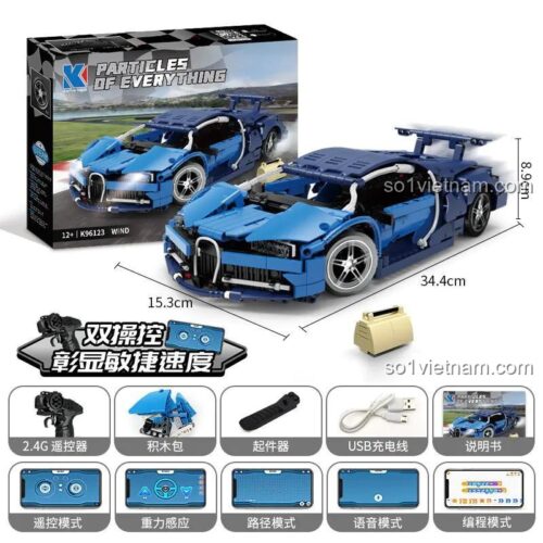 Hộp sản phẩm và mô hình siêu xe Bugatti Chiron KAIYU K96123, đồ chơi lắp ghép điều khiển từ xa cho bé 12 tuổi, giá tốt, chất lượng cao