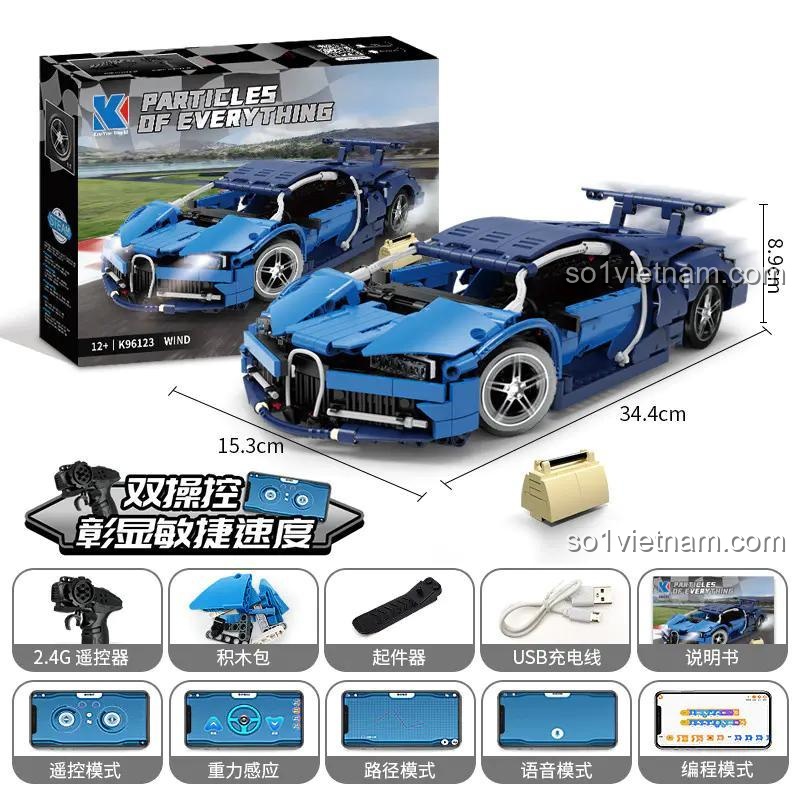 Hộp sản phẩm và mô hình siêu xe Bugatti Chiron KAIYU K96123, đồ chơi lắp ghép điều khiển từ xa cho bé 12 tuổi, giá tốt, chất lượng cao