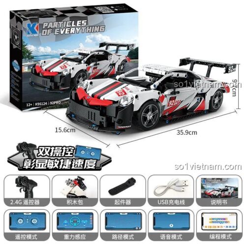 Hộp sản phẩm xe đua Porsche 92Pro KAIYU K96124, có kích thước 44x34x9cm, đồ chơi lắp ráp cho bé trai 12 tuổi