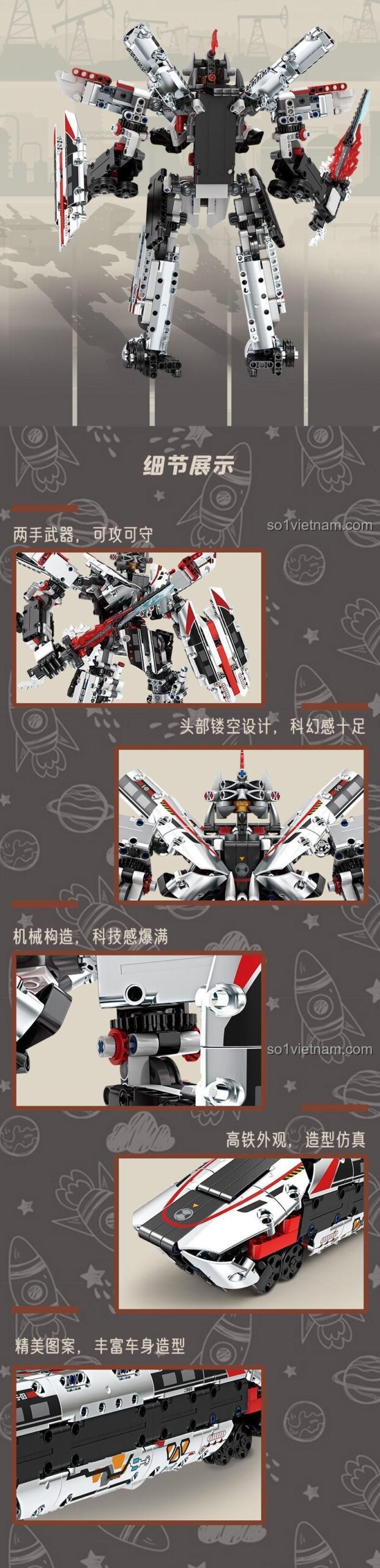 Tính năng của đồ chơi mô hình Mecha biến hình thành tàu hỏa KAIYU 1112, vũ khí và khiên độc đáo.