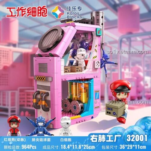 Hộp sản phẩm đồ chơi mô hình Cells at Work! 32001 và 3 minifigures: Hồng Cầu, Bạch Cầu, Phế Cầu Khuẩn. Món quà giá tốt cho fan anime.
