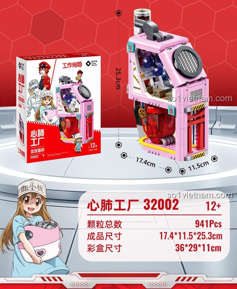 Kích thước chi tiết của bộ lắp ráp Cells at Work! Kalos Blocks và hộp sản phẩm, gồm 941 chi tiết.
