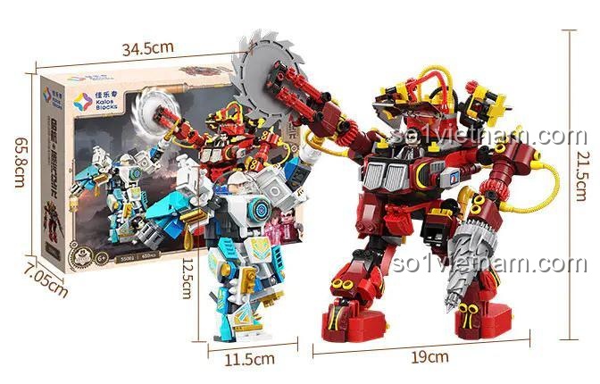 Đồ chơi lắp ráp Kalos Blocks 55001 Mecha Bóng Tối và Mecha Lông Xanh, thể hiện kích thước mô hình và hộp, phù hợp bé trai 6 tuổi.