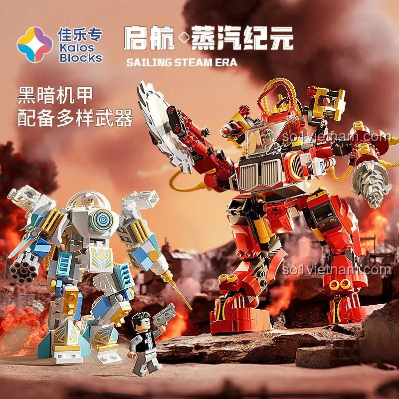 Đồ chơi lắp ráp Kalos Blocks 55001 Mecha Kỷ Nguyên Hơi Nước, Mecha Bóng Tối trang bị vũ khí đa dạng, cùng minifigure, phù hợp bé trai 6 tuổi.