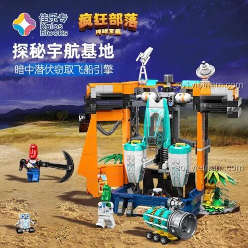 Ảnh quảng cáo đồ chơi xây dựng Kalos Blocks 57005, mô tả cảnh các minifigures tại Trạm không gian bí ẩn. Bộ đồ chơi sáng tạo, chất lượng cao.