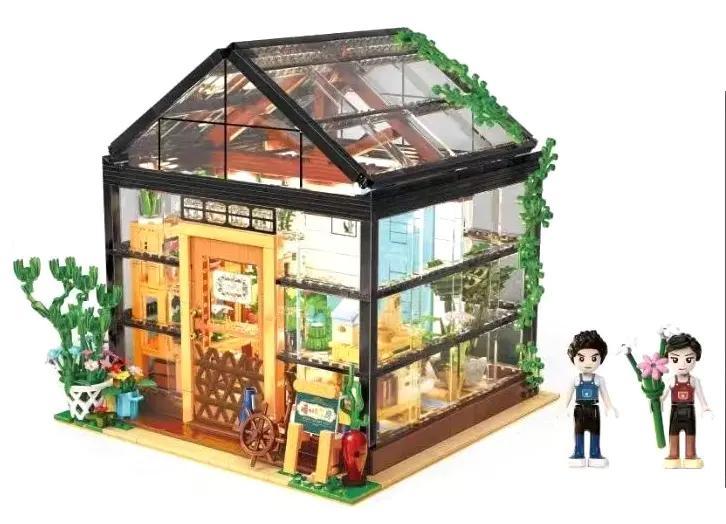 Ảnh chụp tổng thể bộ lắp ghép Mô hình Cửa Hàng Hoa KAZI KY10011 với 2 minifigures. Đồ chơi cho bé gái 8 tuổi giá rẻ.