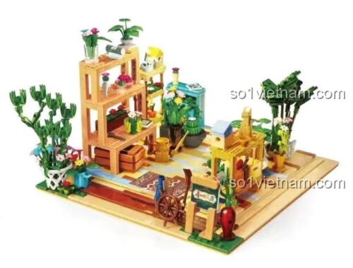 Nội thất chi tiết của đồ chơi mô hình KAZI KY10011, thể hiện các kệ hoa và vật dụng trang trí. Món quà sáng tạo cho bé gái.