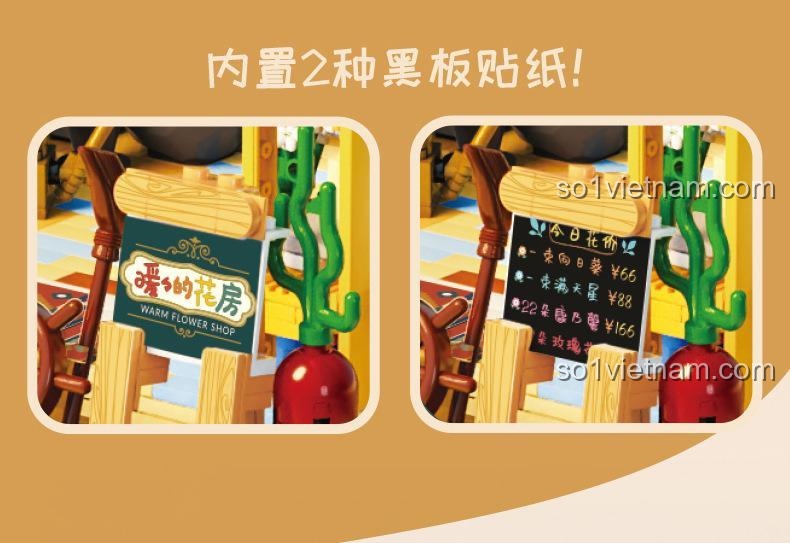 Hai loại sticker bảng hiệu đi kèm trong bộ lắp ráp KAZI 10011, cho phép bé tùy chỉnh cửa hàng.