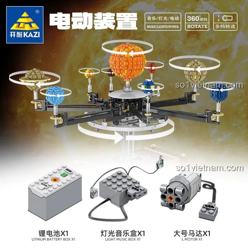 Chi tiết các bộ phận điện tử: động cơ, pin sạc lithium, đèn và nhạc của bộ đồ chơi KAZI KY10012.