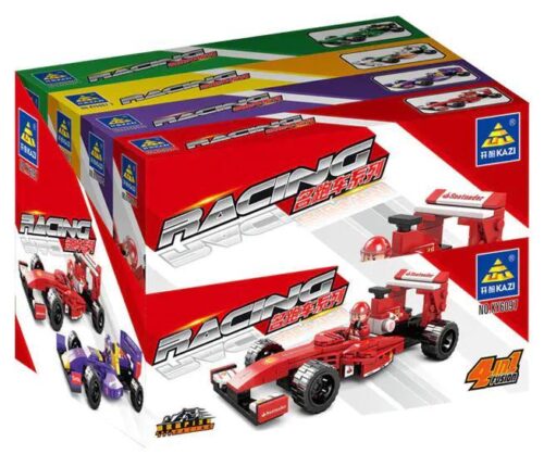 Bộ lắp ghép Xe Đua Công Thức 1 KAZI KY6097 giá rẻ, hộp sản phẩm với 4 mẫu xe F1 màu sắc rực rỡ, phù hợp bé trai 6 tuổi, đồ chơi lắp ráp chất lượng cao.