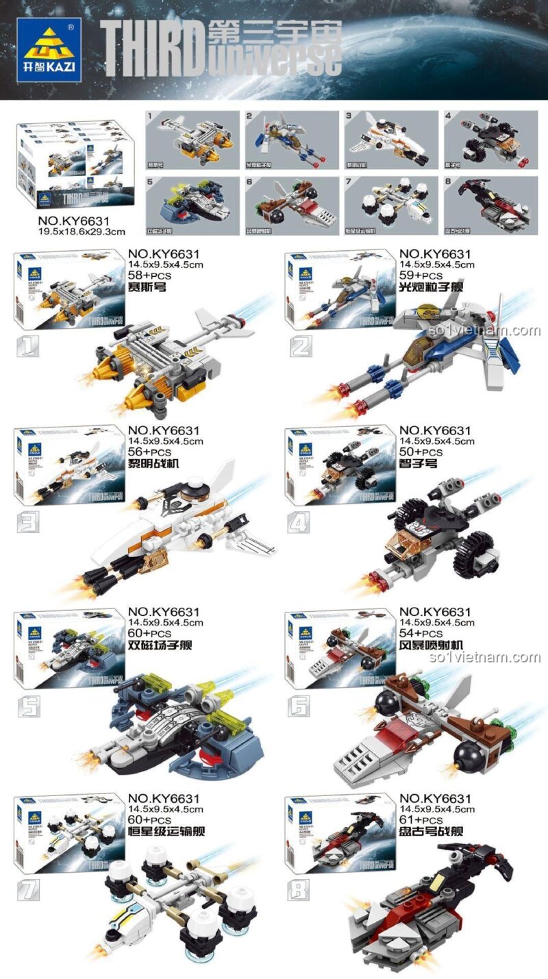 Chi tiết 8 mẫu trong bộ đồ chơi mô hình Hạm đội không gian KAZI KY6631, bao gồm số mảnh và hình ảnh từng phi thuyền.
