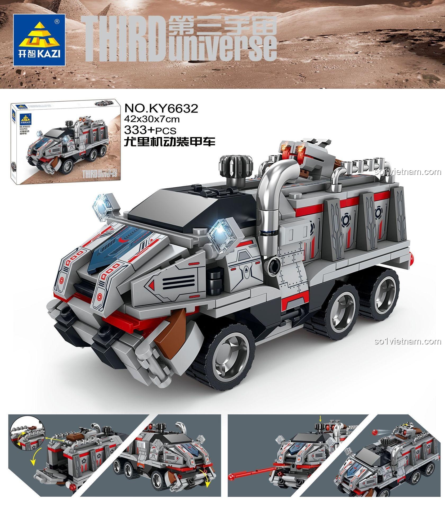 Bộ lắp ghép Xe Quân Sự Khoa Học Viễn Tưởng KAZI KY6632 Third Universe với đèn LED và súng laser, đồ chơi lắp ráp cho bé trai 6 tuổi.