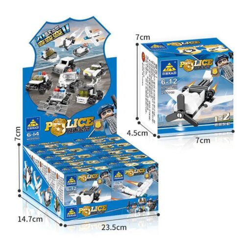 Hộp sản phẩm bộ lắp ghép KAZI KY67263 10 xe cảnh sát mini cho bé trai 6 tuổi, giá rẻ. Bao gồm hộp trưng bày lớn và hộp nhỏ bên trong.