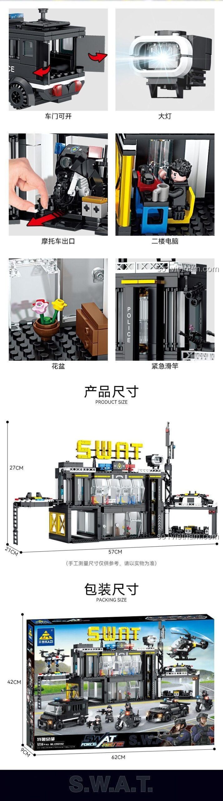 bộ lắp ghép Trụ sở Đặc nhiệm SWAT KAZI KY67292, đồ chơi mô hình KAZI, đồ chơi xây dựng KY67292, Trụ sở Đặc nhiệm SWAT GBL, Căn cứ Đặc nhiệm SWAT 67292, bộ lắp ghép KAZI KY67292, đồ chơi mô hình Đồn cảnh sát đặc nhiệm BOZHI, Trạm chỉ huy SWAT KY 67292, KAZI 7292, GBL Trụ sở Đặc nhiệm SWAT, BOZHI KY67292, bộ lắp ghép Căn cứ Đặc nhiệm SWAT, đồ chơi mô hình Tổng hành dinh Đặc nhiệm SWAT, KAZI 67292, GBL 7292, BOZHI Đồn cảnh sát đặc nhiệm, đồ chơi xây dựng Trạm chỉ huy SWAT, Trụ sở Đặc nhiệm SWAT KY67292. Các chi tiết nổi bật của bộ lắp ghép KAZI KY67292 Trụ sở Đặc nhiệm SWAT như cửa xe mở được, đèn pha, lối ra xe mô tô, máy tính và đường trượt khẩn cấp, tăng cường tính tương tác cho bé trai 6 tuổi.