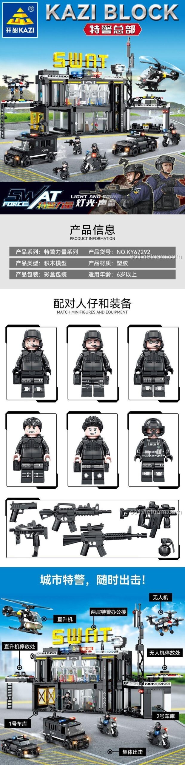 bộ lắp ghép Trụ sở Đặc nhiệm SWAT KAZI KY67292, đồ chơi mô hình KAZI, đồ chơi xây dựng KY67292, Trụ sở Đặc nhiệm SWAT GBL, Căn cứ Đặc nhiệm SWAT 67292, bộ lắp ghép KAZI KY67292, đồ chơi mô hình Đồn cảnh sát đặc nhiệm BOZHI, Trạm chỉ huy SWAT KY 67292, KAZI 7292, GBL Trụ sở Đặc nhiệm SWAT, BOZHI KY67292, bộ lắp ghép Căn cứ Đặc nhiệm SWAT, đồ chơi mô hình Tổng hành dinh Đặc nhiệm SWAT, KAZI 67292, GBL 7292, BOZHI Đồn cảnh sát đặc nhiệm, đồ chơi xây dựng Trạm chỉ huy SWAT, Trụ sở Đặc nhiệm SWAT KY67292. Các minifigure đặc nhiệm và vũ khí đi kèm bộ lắp ghép KAZI KY67292 Trụ sở Đặc nhiệm SWAT, chi tiết cao, chất lượng tốt, phù hợp bé trai 6 tuổi.