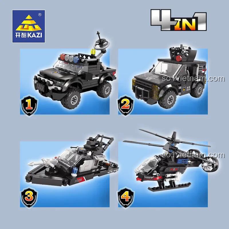 Chi tiết 4 mẫu xe nhỏ trong bộ đồ chơi Phương Tiện Chiến Đấu SWAT KAZI 67296.