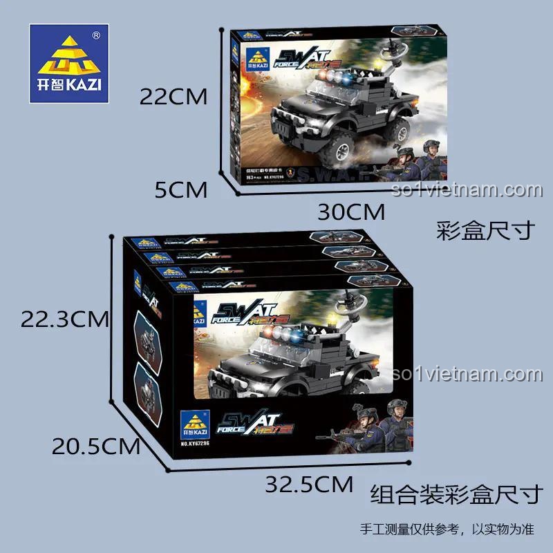 Kích thước hộp đồ chơi lắp ráp KAZI 67296 Xe Bọc Thép Cảnh Sát, chất lượng cao.