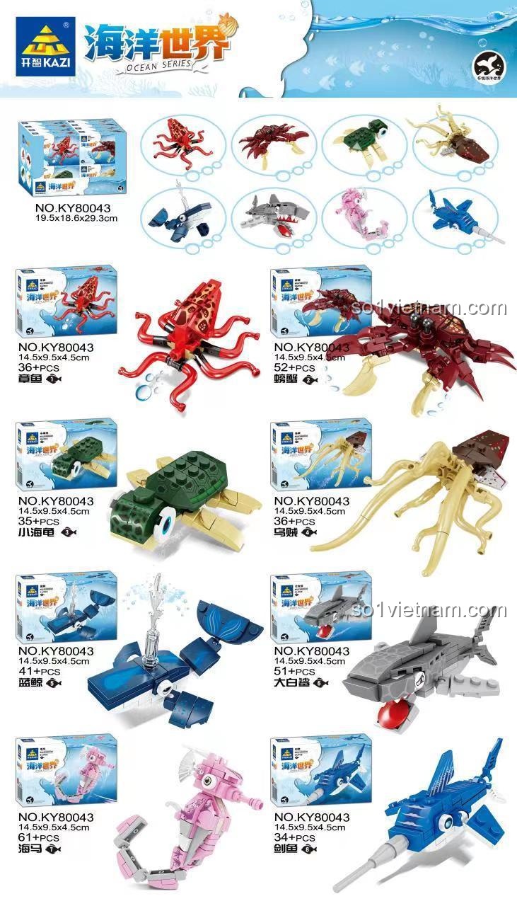 Thông tin chi tiết 8 mẫu lắp ghép KAZI KY80043 Thế giới Đại dương, bao gồm số chi tiết và kích thước hộp nhỏ, giúp bé phát triển tư duy.