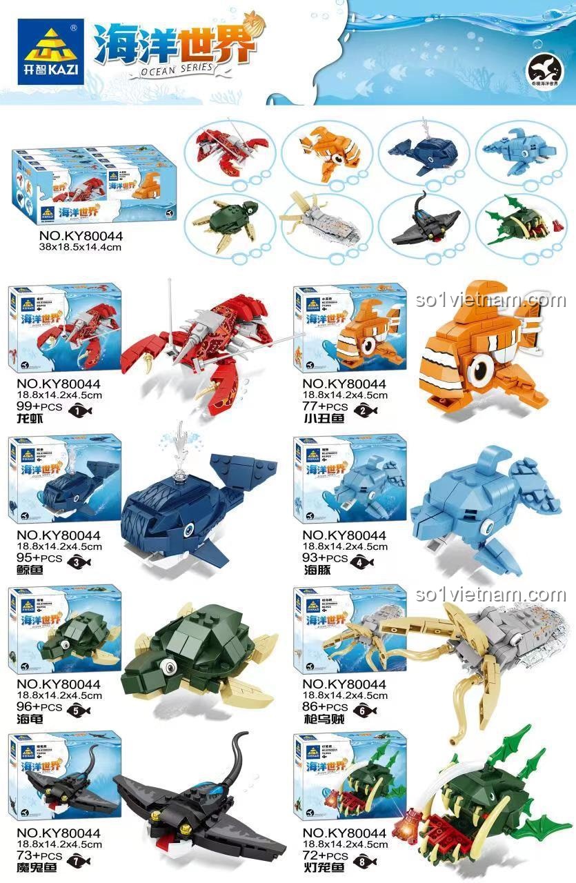Thế giới Đại dương KAZI KY80044, các mẫu lắp ráp Cá hề, Cá voi, Rùa biển, Mực ống, Cá đuối, Cá đèn lồng, đồ chơi sáng tạo cho trẻ 6 tuổi.