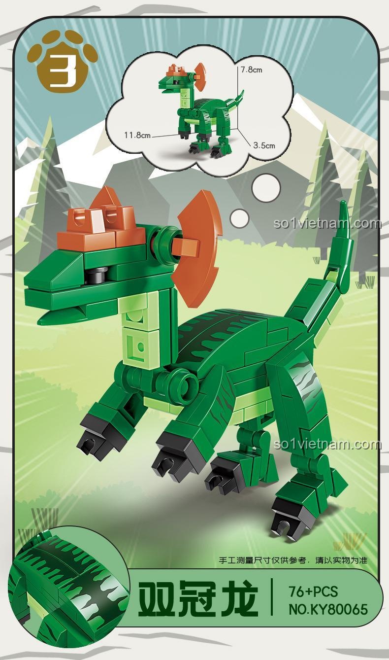 Kích thước chi tiết của mô hình Khủng long Triceratops từ bộ đồ chơi KAZI, dài 9.6cm, cao 5.8cm.