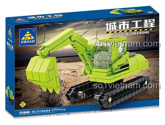 Xe đào xúc màu xanh lá, bộ lắp ghép xe công trình KAZI KY80464, đồ chơi xây dựng cho bé trai 6 tuổi