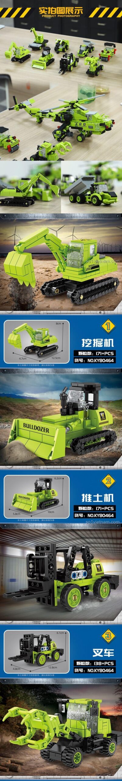 Xe đào xúc, xe lu, xe nâng, xe khoan và xe cẩu, bộ lắp ghép xe công trình KAZI KY80464, đồ chơi xây dựng cho bé trai 6 tuổi