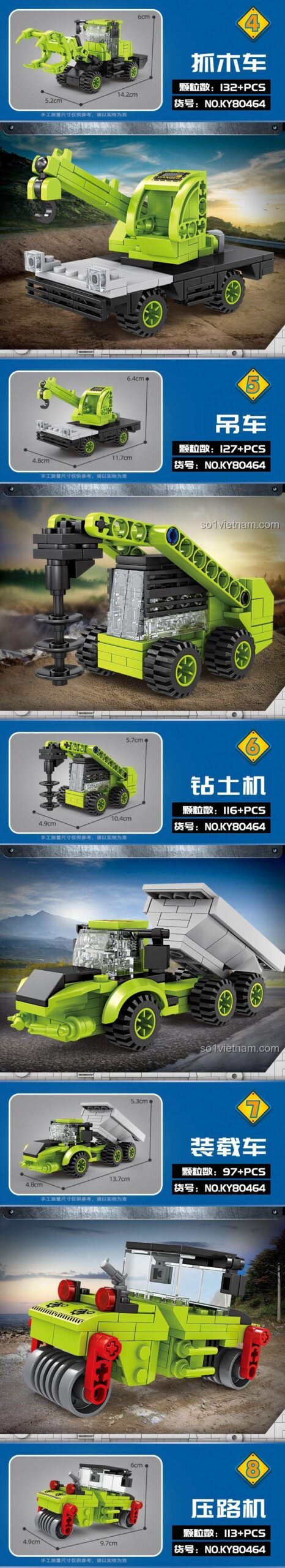 Xe đào xúc, xe lu, xe nâng, xe khoan, xe cẩu và xe tải, bộ lắp ghép xe công trình KAZI KY80464, đồ chơi xây dựng cho bé trai 6 tuổi