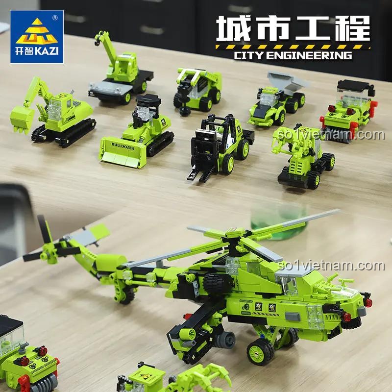 Xe đào xúc, xe lu và xe nâng, bộ lắp ghép xe công trình KAZI KY80464, đồ chơi xây dựng cho bé trai 6 tuổi