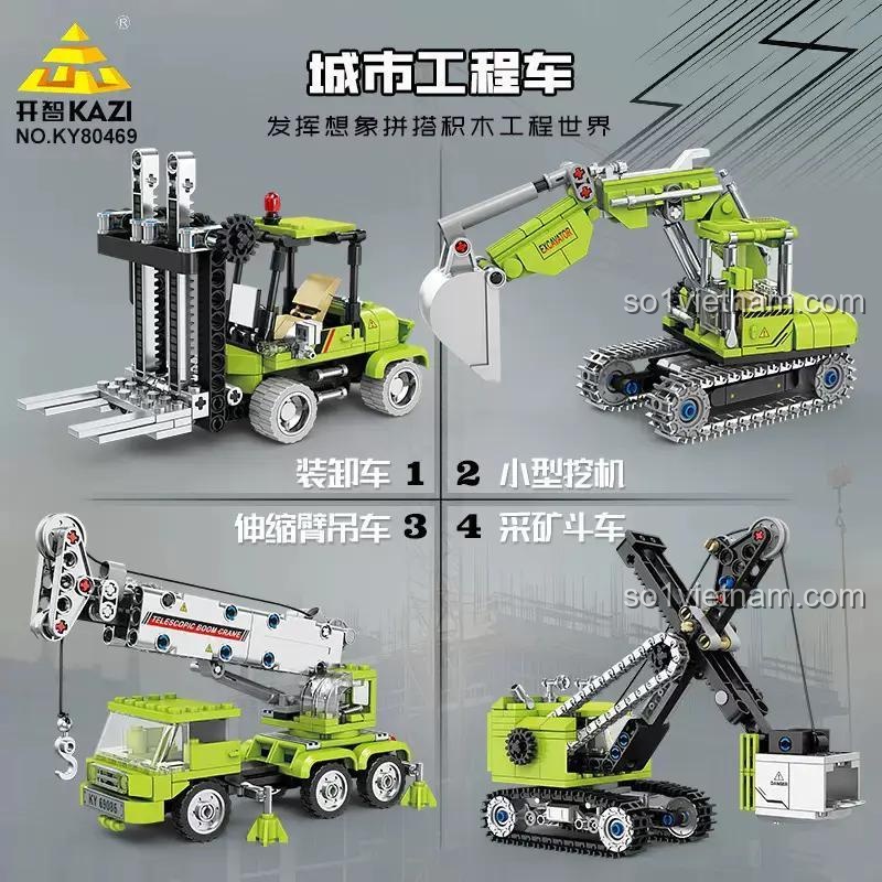 Các mẫu xe công trình lắp ráp từ bộ KAZI KY80469: xe nâng, xe xúc, xe cẩu, xe đào, đồ chơi giáo dục STEM cho bé trai 6 tuổi