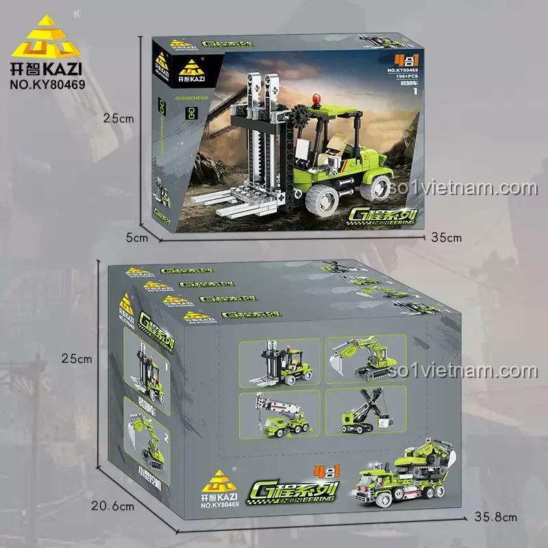 Kích thước hộp sản phẩm bộ lắp ghép xe công trình KAZI KY80469: 35.8 x 20.6 x 25 cm, đồ chơi giáo dục STEM cho bé trai 6 tuổi